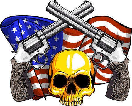 Smiling skull with revolvers with american flagのイラスト素材