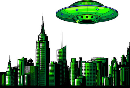 UFO with Flying Over Cityのイラスト素材