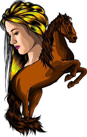 Woman and horse. Young woman caressing a horse. Beauty with horse.のイラスト素材