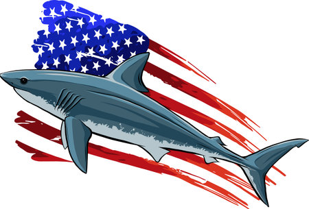 USA flag over Shark vector silhouette isolated on white.のイラスト素材