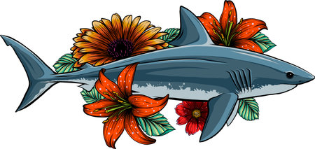 shark outline with flowers and leaves designのイラスト素材