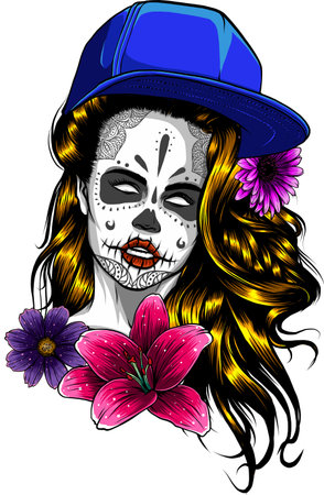 female sugar skull with colorful flowers and hat. vector illustration on white background.のイラスト素材