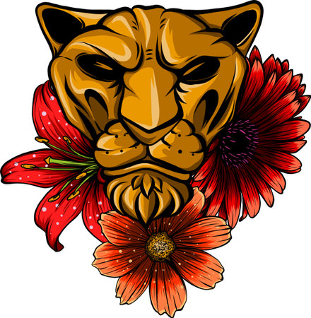Portrait of a lion head with floral wreaths. vector illustration on white background. digital hand drawのイラスト素材