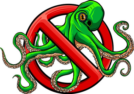 No Octopus Symbol Isolated on White Background. Underwater Animal Vector Illustration Prohibition Stop Sign.のイラスト素材
