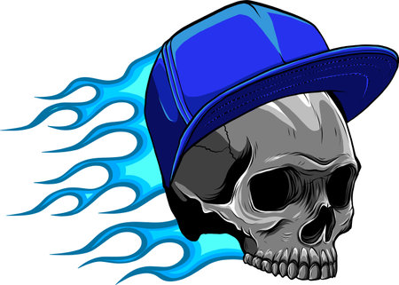 skull with hat and flames vector illustrationのイラスト素材