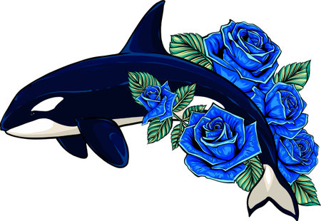 vector illustration of Killer whale with flower on white background. digital drawのイラスト素材
