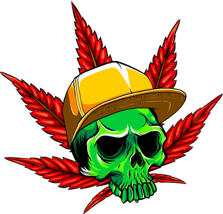Vector illustration green Skull with yellow hat and marijuana leaves on the background. digital drawのイラスト素材