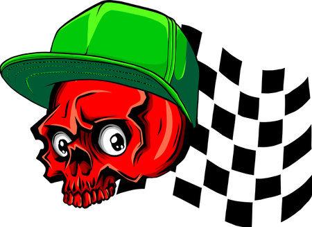 vector illustration of skull with hat and racing flag on white background. digital drawのイラスト素材