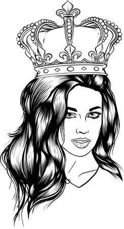 Vintage concept of pretty woman with crown pendant in monochrome style isolated vector illustrationのイラスト素材