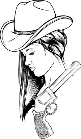 beautiful cowgirl and cowboy wearing hat and horse head black and white vector silhouette designのイラスト素材