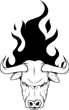 vector illustration of monochrome head bull with flames on white backgroundのイラスト素材