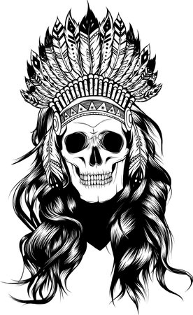 Indian skull with headdress of feathers. The leader of a tribe of Indians. Totem. Line art. Black and white drawing by hand.の写真素材