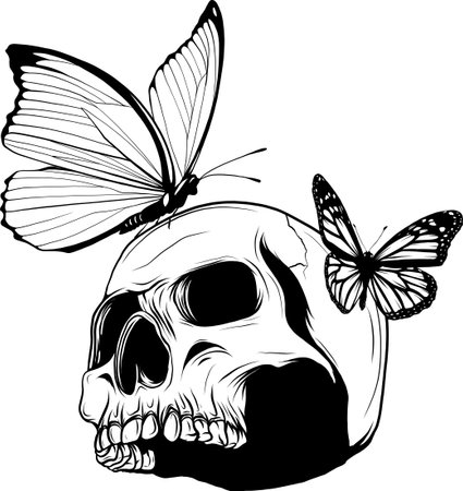 Skull with butterfly monochrome vector illustration isolated on white background.のイラスト素材