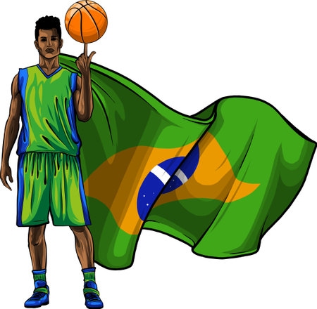 illustration of a Basketball Player on Brazilian Flag colors backgroundのイラスト素材