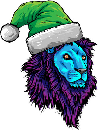 Christmas holidays lion with a cap. Vector illustration.のイラスト素材