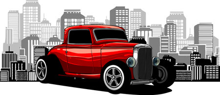 vector illustration of hot rod car with city in backgroundのイラスト素材