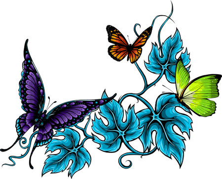 vector illustration of Butterflies and flowers isolated on whiteのイラスト素材