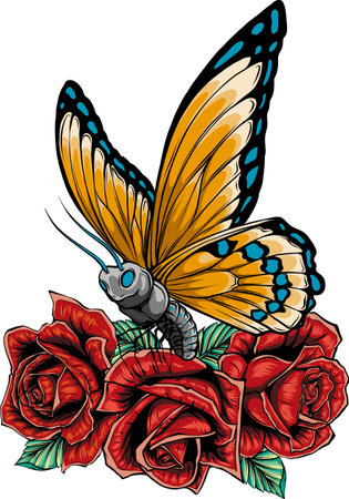 Vector illustration of butterflies and roses on white backgroundのイラスト素材