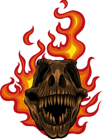 Vector illustration of Tyrannosaurus rex skull with flames on isolated background .のイラスト素材