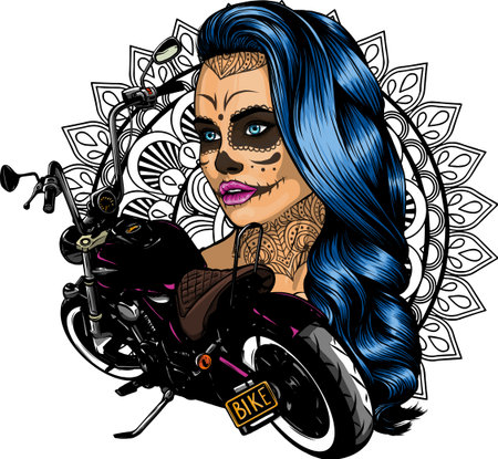 vector illustation vintage chopper motorcycle with woman skull makeupのイラスト素材