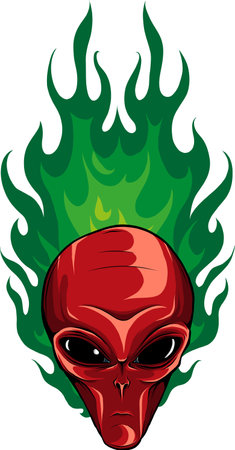 vector illustration of Flaming alien head on white backgroundのイラスト素材