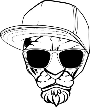 monochrome feline head with hat and sunglasses on white backgroundのイラスト素材