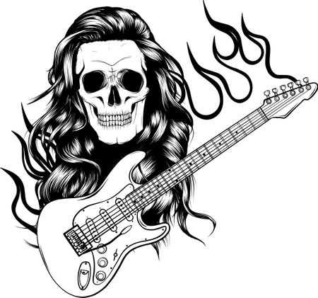 Rockstar skull with trendy hairstyle and crossed electric guitars in vintage monochrome style isolated vector illustrationのイラスト素材