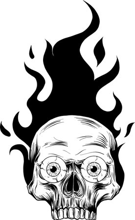 Monochrome Skull on Fire with Flames Vector Illustration. black and white digital drawのイラスト素材