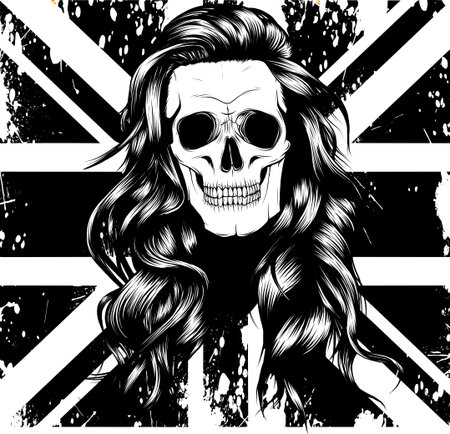 The hand drawn of the monochrome girl skull with the wavy long hair on uk flag in backgroundのイラスト素材