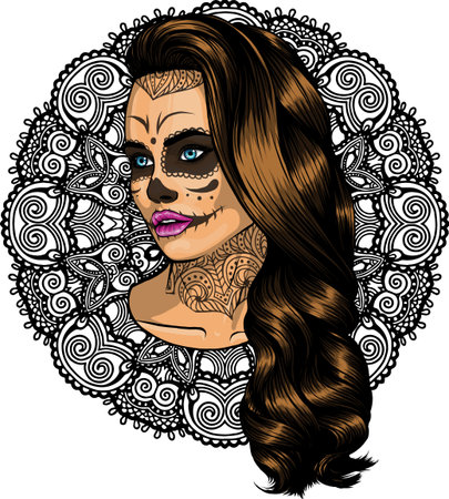 vector illustration of mexican skull girl with decorationのイラスト素材