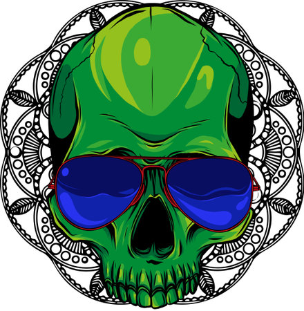 vector illustration of skull with sunglasses and mandala on backgroundのイラスト素材