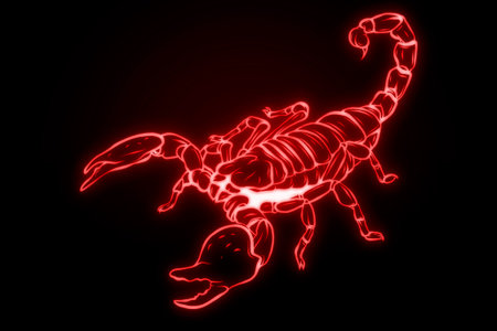 neon glowing scorpion isolated on dark background.の写真素材