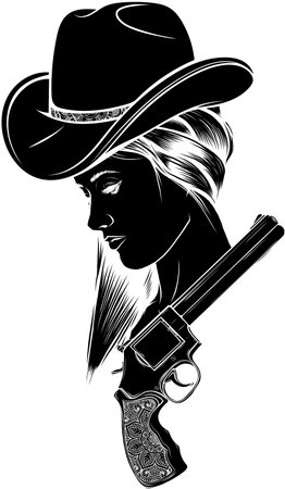black silhouette of cowgirl and cowboy wearing hat and horse head black and white vector designのイラスト素材