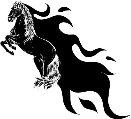 vector black silhouette of horse with flames on white backgroundのイラスト素材