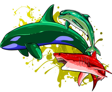 Set of Marine mammals vector illustration. digital hand draw designのイラスト素材