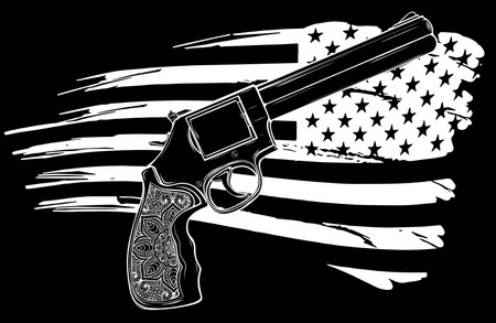 white silhouette of Big Revolver with USA flag. Vector Illustration isolated on black backgroundのイラスト素材