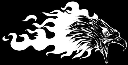 white silhouette of head Eagle with flames on black backgroundのイラスト素材
