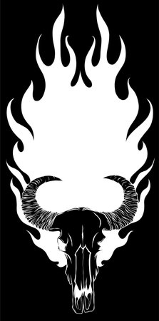 white silhouette of ox skull with flames on black backgroundのイラスト素材