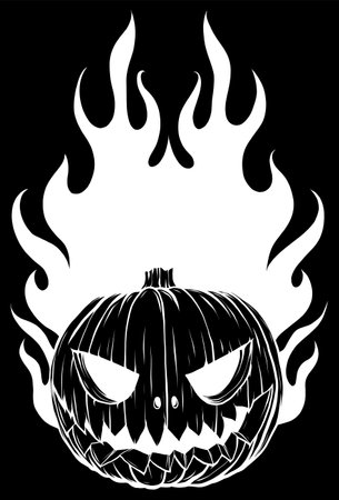 white silhouette of Scary Flaming Halloween Pumpkin on black backgroundのイラスト素材