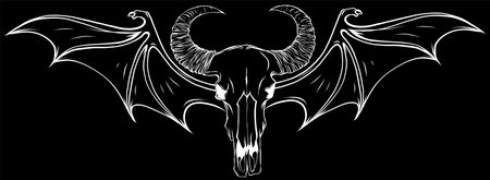 white silhouette of Rams Head Skull with wings on black background vector logo illustrationsのイラスト素材