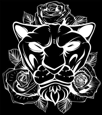 white silhouette of Lion with roses and leaves illustration on black backgroundのイラスト素材