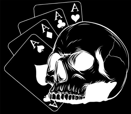 white silhouette of Poker face-Skull and four aces on black background vector illustrationのイラスト素材