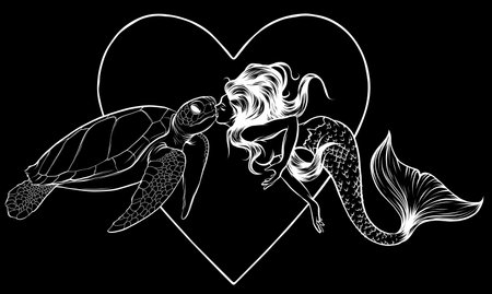 white silhouette of Beautiful little mermaid and turtle vector illustrationのイラスト素材