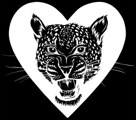 white silhouette of Leopard head on heart vector illustration design on black background. digital hand drawのイラスト素材