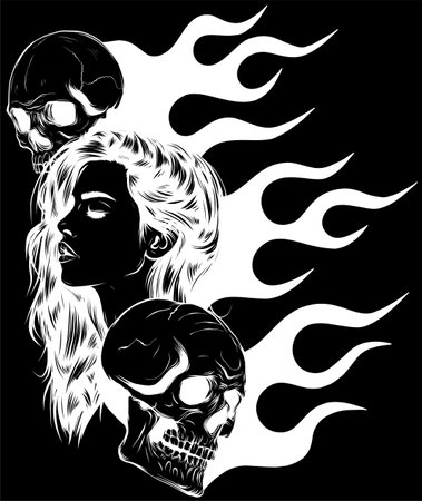 white silhouette of woman with skull on flames vector illustration.のイラスト素材