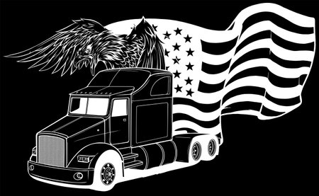white silhouette of Classic American Truck. Vector illustration with american flag and eagle on black backgroundのイラスト素材