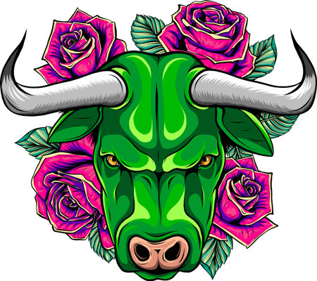 vector Cute Cartoon Cow with flowers on a white backgroundのイラスト素材