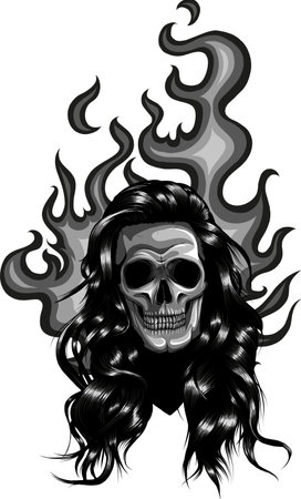 Skull on Fire with Flames Vector Illustration. black and white fire skullのイラスト素材