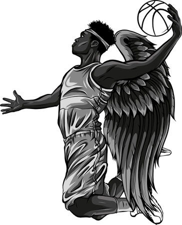 monochrome basketball player jumping with bird wingsのイラスト素材