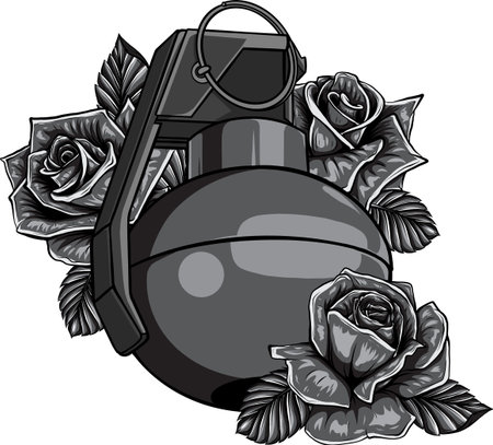 Monochrome Hand grenade with roses vector illustration.のイラスト素材